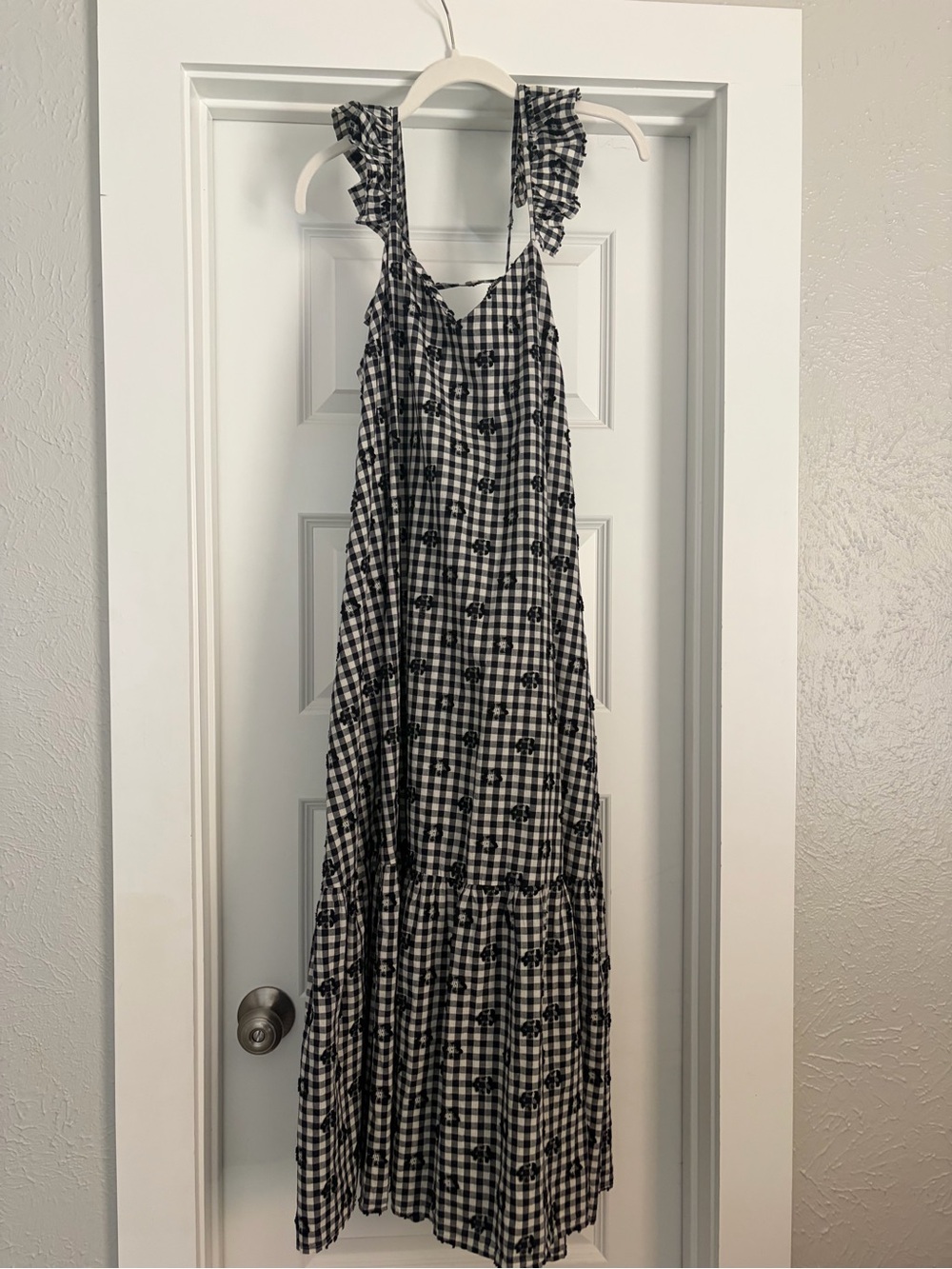 Madewell Navy Gingham Ruffle-Shoulder Maxi Dress